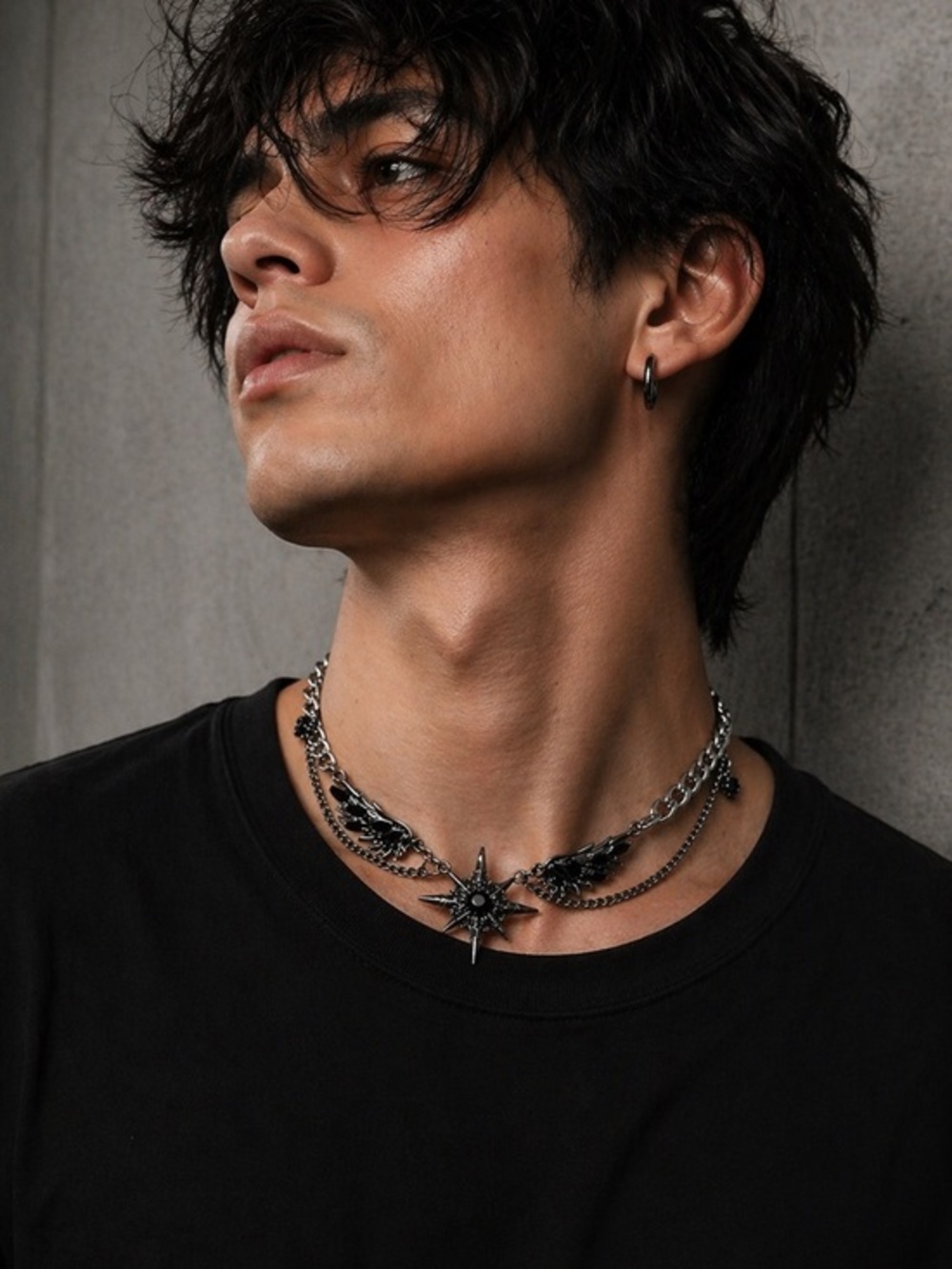 Men's Black Stainless Steel Star & Wing Chain Necklace